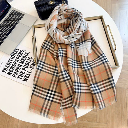 Reversible Equestrian Plaid Scarf – 70% Wool & 30% Silk, Double-Sided Contrast Design, 200 × 65 cm