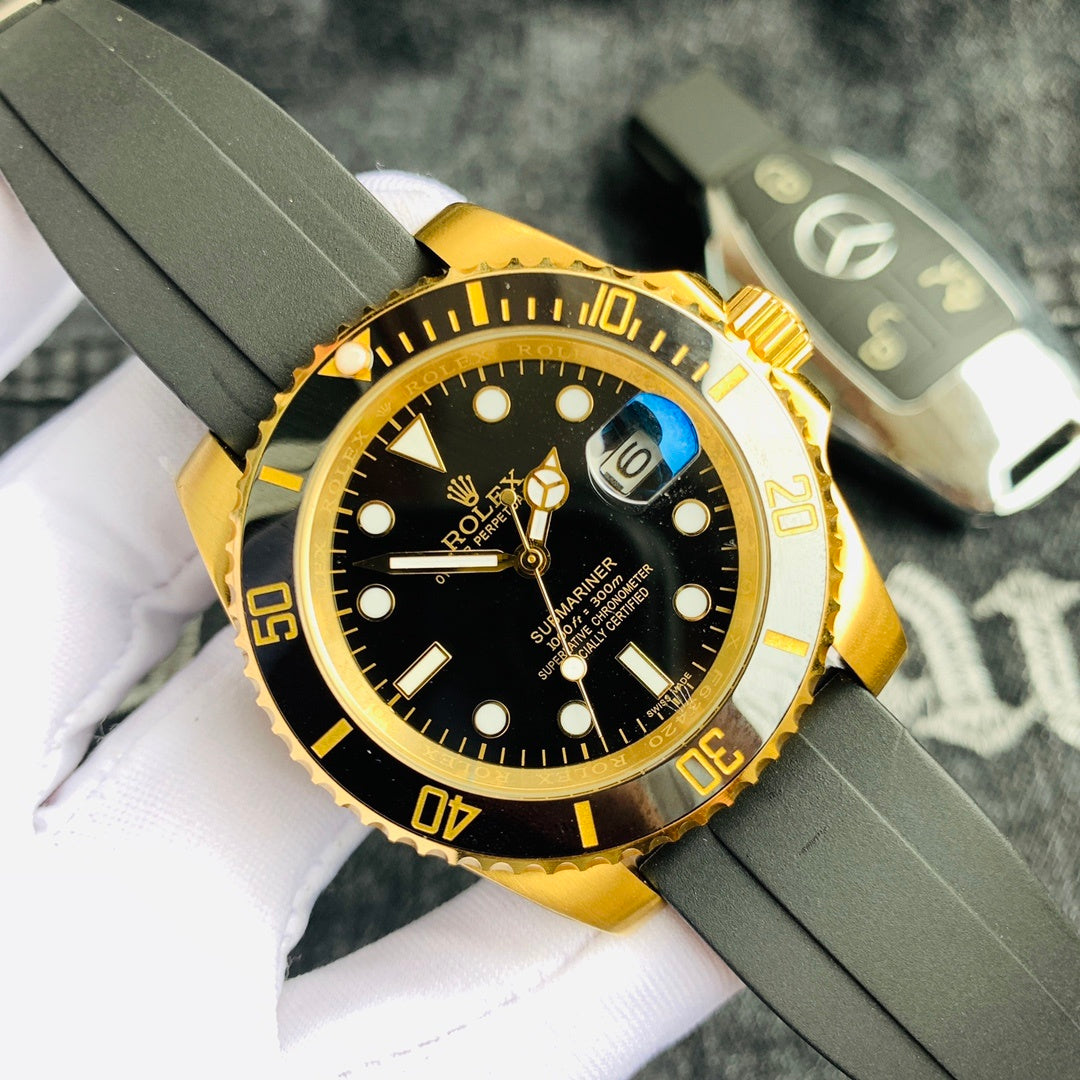 Men’s Gold-Tone Stainless Steel Automatic Dive Watch – 3-Color Dial Collection with Matching Rubber Straps, Classic Sport Luxury