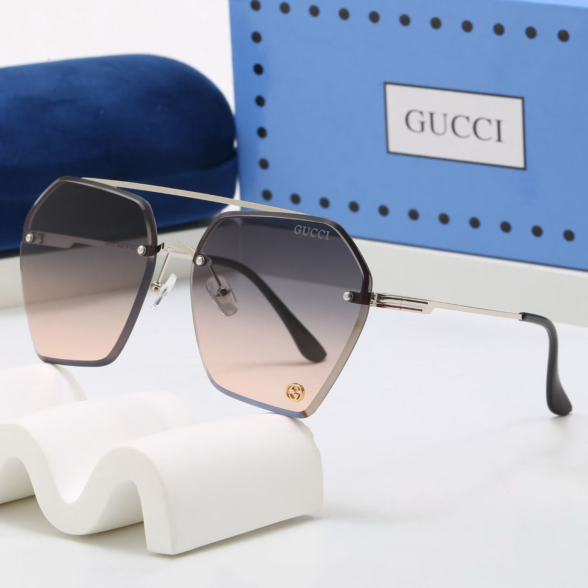 Luxury Rimless Hexagonal Double Bridge Sunglasses