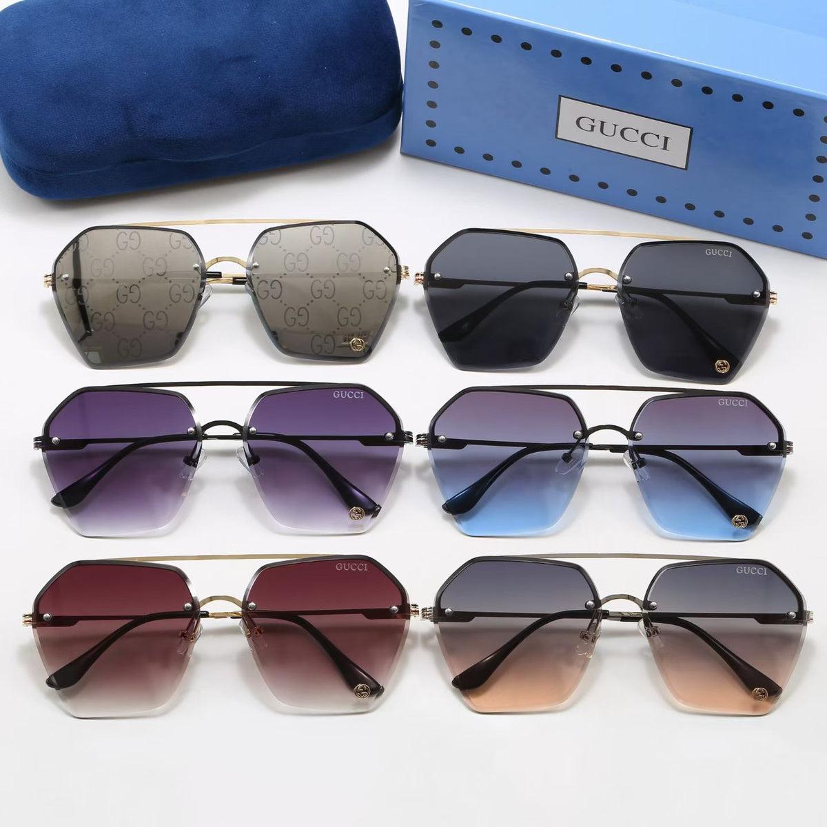 Luxury Rimless Hexagonal Double Bridge Sunglasses