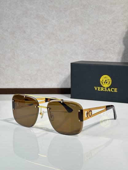 Rimless Rectangular Sunglasses 4 Style Option Vintage Engraved Temple Design Classic Fashion Luxury Look - VE6746