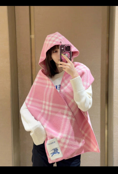 ✨ In Stock | 2025 New Year Hooded Checkered Wool Shawl – Elegant Blanket-Style Wrap