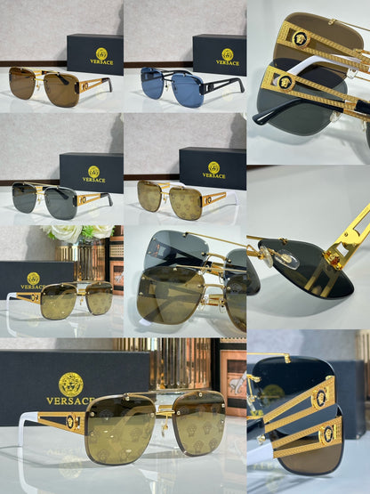 Rimless Rectangular Sunglasses 4 Style Option Vintage Engraved Temple Design Classic Fashion Luxury Look - VE6746