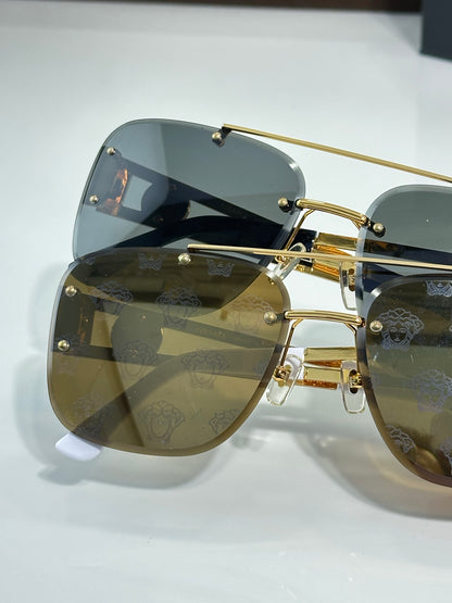 Rimless Rectangular Sunglasses 4 Style Option Vintage Engraved Temple Design Classic Fashion Luxury Look - VE6746