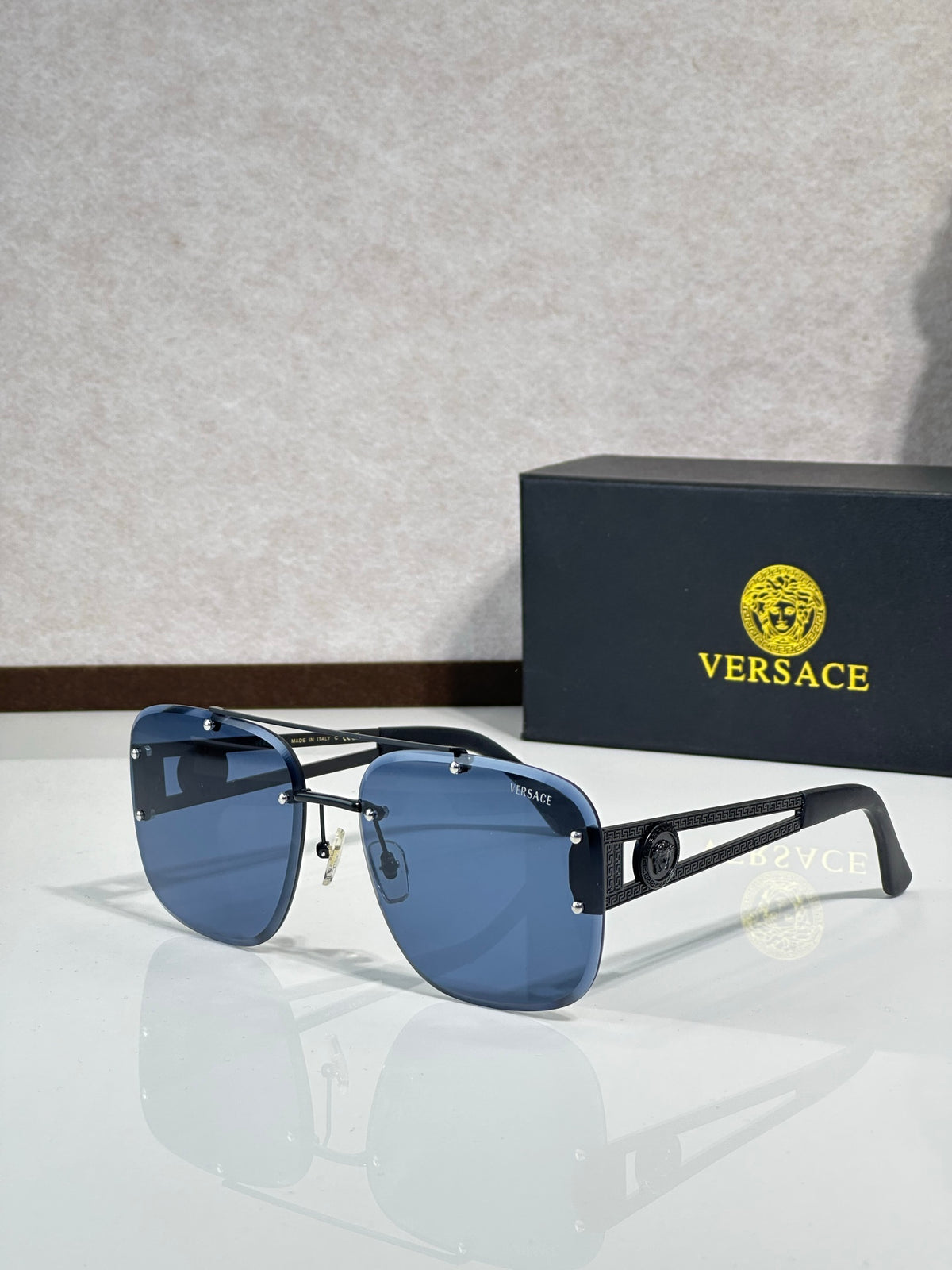 Rimless Rectangular Sunglasses 4 Style Option Vintage Engraved Temple Design Classic Fashion Luxury Look - VE6746
