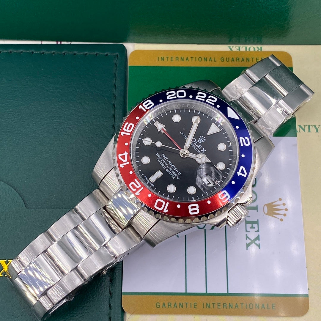 Men’s Premium Full Stainless Steel Automatic Watch – GMT Dual Time Zone, Blue Dial with Red & Blue Bezel