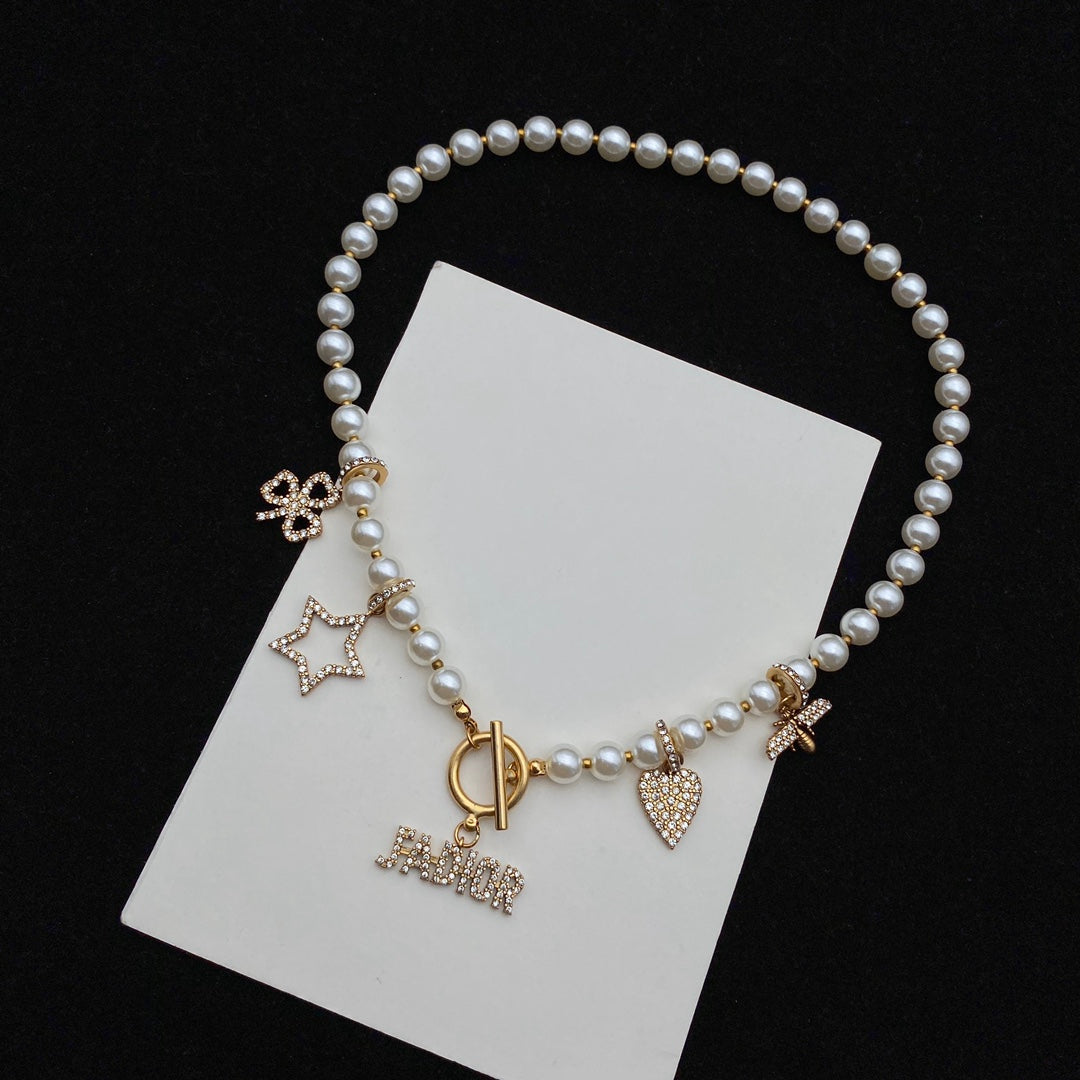 Temperament Diamond Pendant Pearl Necklace