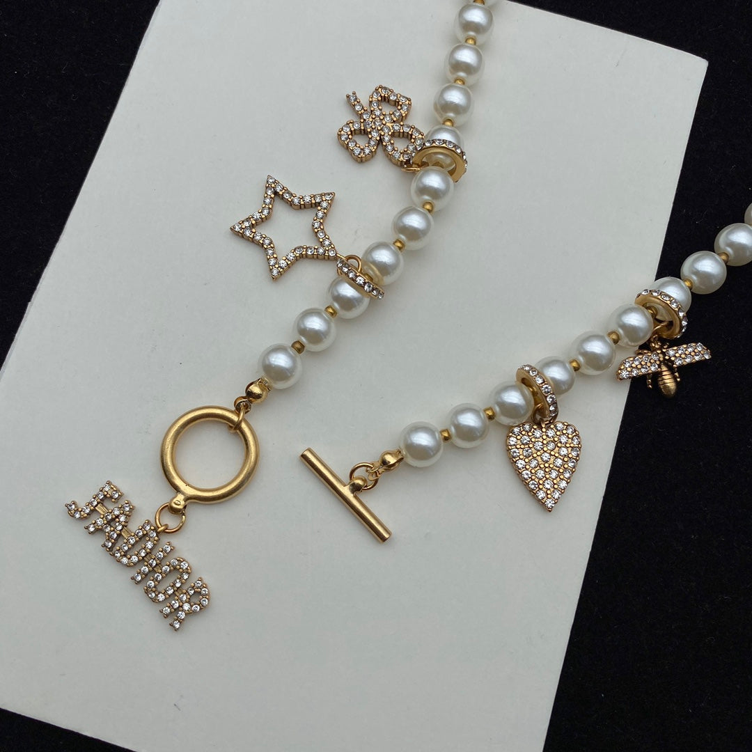 Temperament Diamond Pendant Pearl Necklace