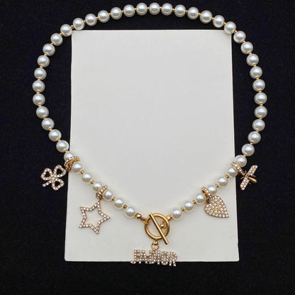 Temperament Diamond Pendant Pearl Necklace