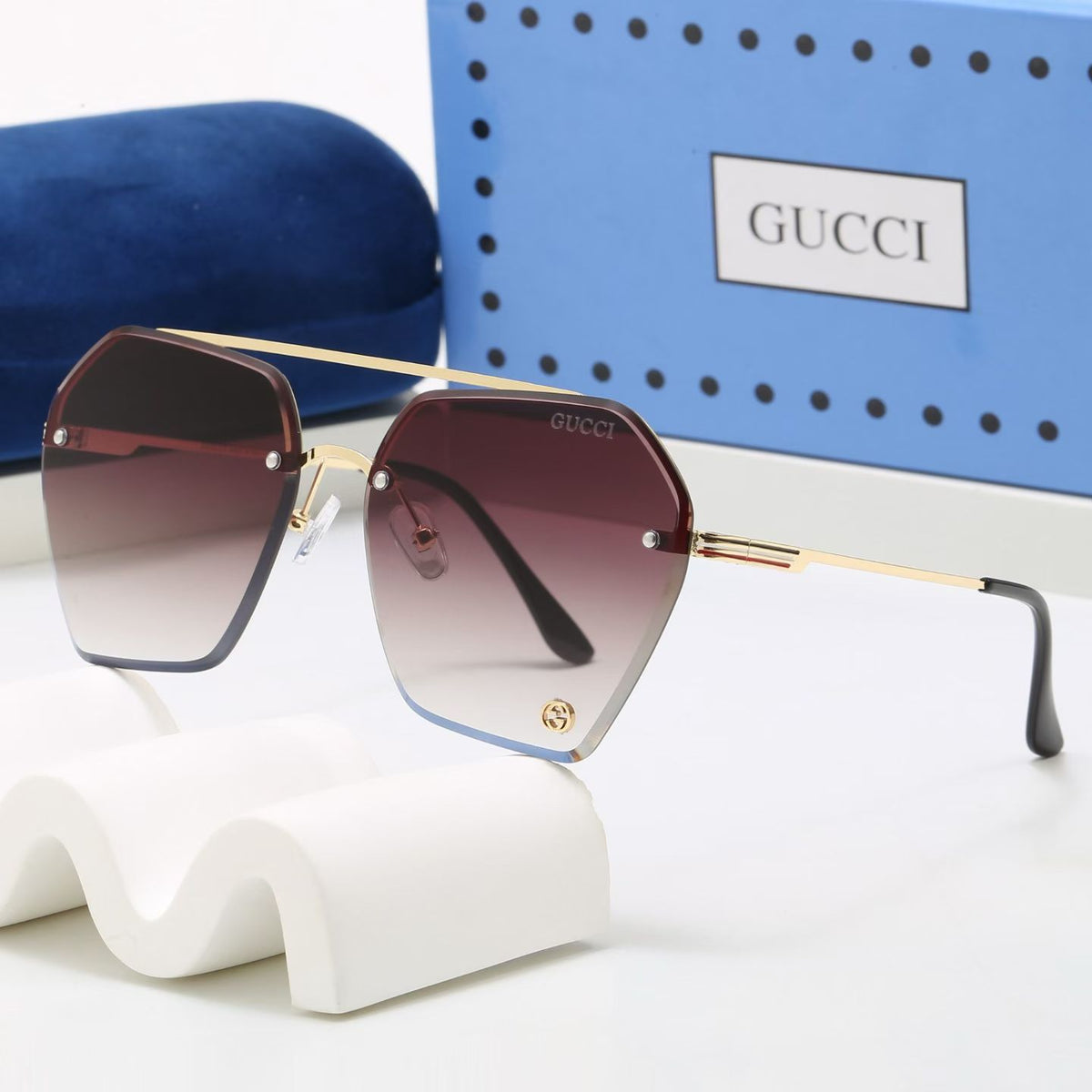 Luxury Rimless Hexagonal Double Bridge Sunglasses