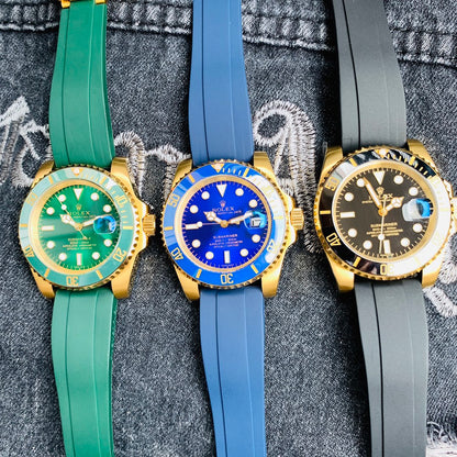 Men’s Gold-Tone Stainless Steel Automatic Dive Watch – 3-Color Dial Collection with Matching Rubber Straps, Classic Sport Luxury