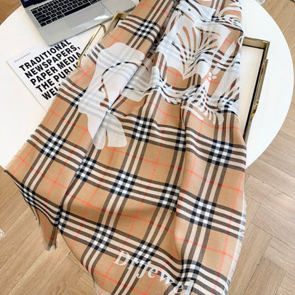 Reversible Equestrian Plaid Scarf – 70% Wool & 30% Silk, Double-Sided Contrast Design, 200 × 65 cm