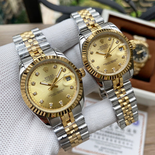 Classic Stainless Steel Luxury Dress Watch – 5-Color Dial Collection with Crystal Markers, Elegant Gold & Two-Tone Finishes