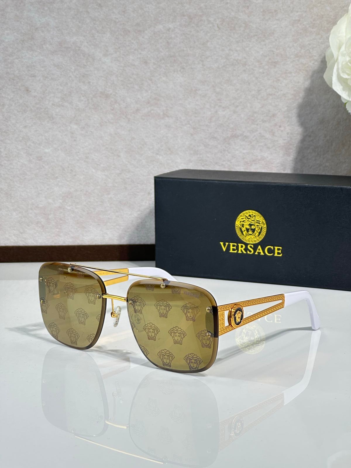 Rimless Rectangular Sunglasses 4 Style Option Vintage Engraved Temple Design Classic Fashion Luxury Look - VE6746