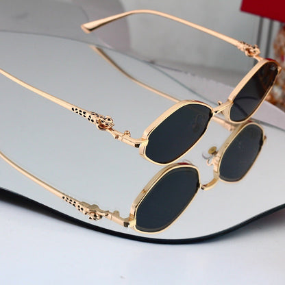 Oval Metal Frame Sunglasses, Leopard Head UV400 Polarized Fashion Shades